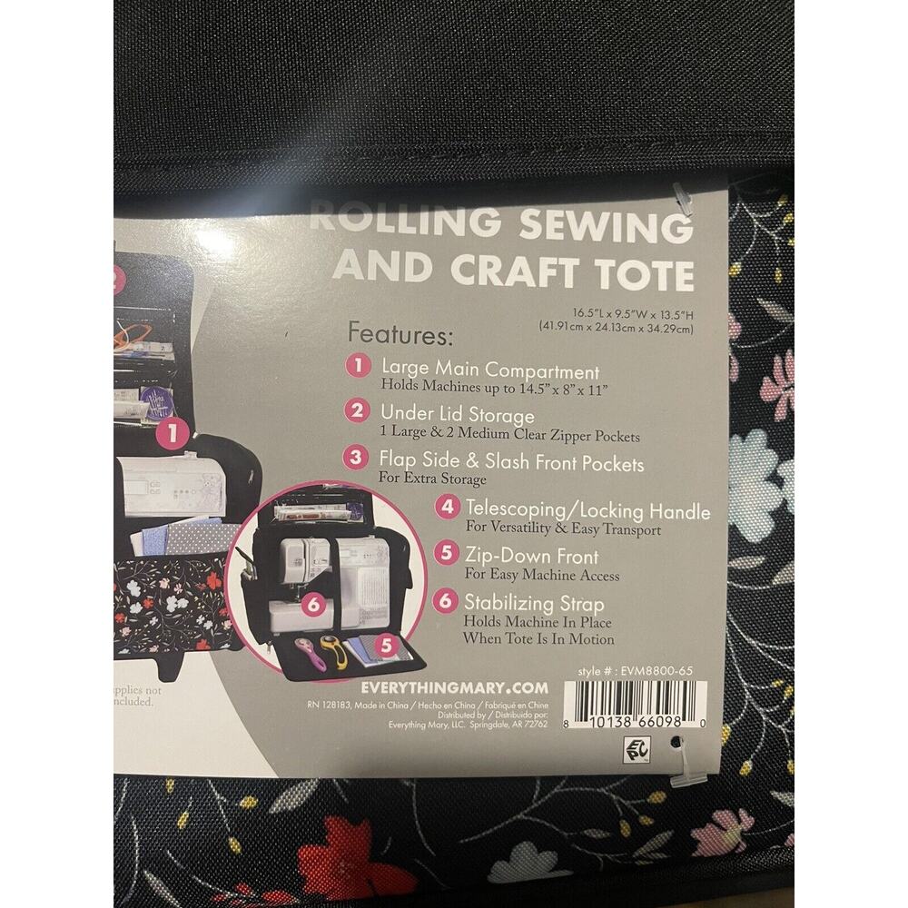 Rolling Sewing Craft Trolley Bag Black Floral Craft Organizer on Wheels New - Picture 7 of 9